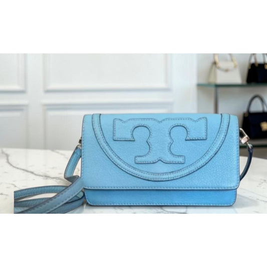 Tory Burch Blue Leather Serif Crossbody Bag With Gold Hardware & Logo Design