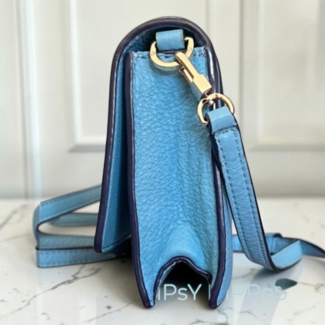 Tory Burch Blue Leather Serif Crossbody Bag With Gold Hardware & Logo Design