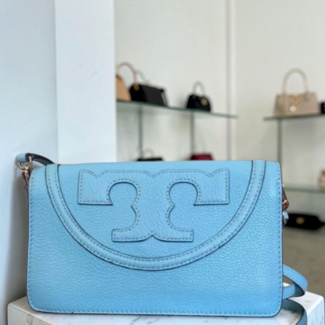 Tory Burch Blue Leather Serif Crossbody Bag With Gold Hardware & Logo Design