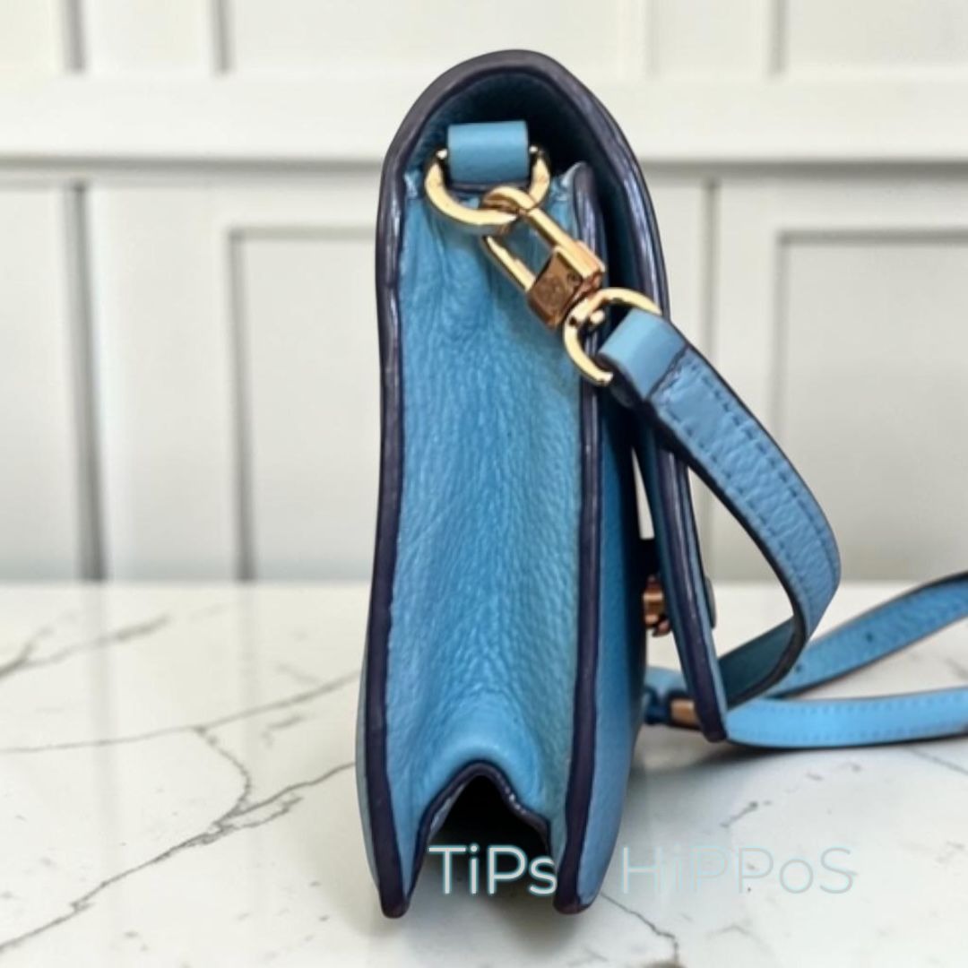 Tory Burch Blue Leather Serif Crossbody Bag With Gold Hardware & Logo Design
