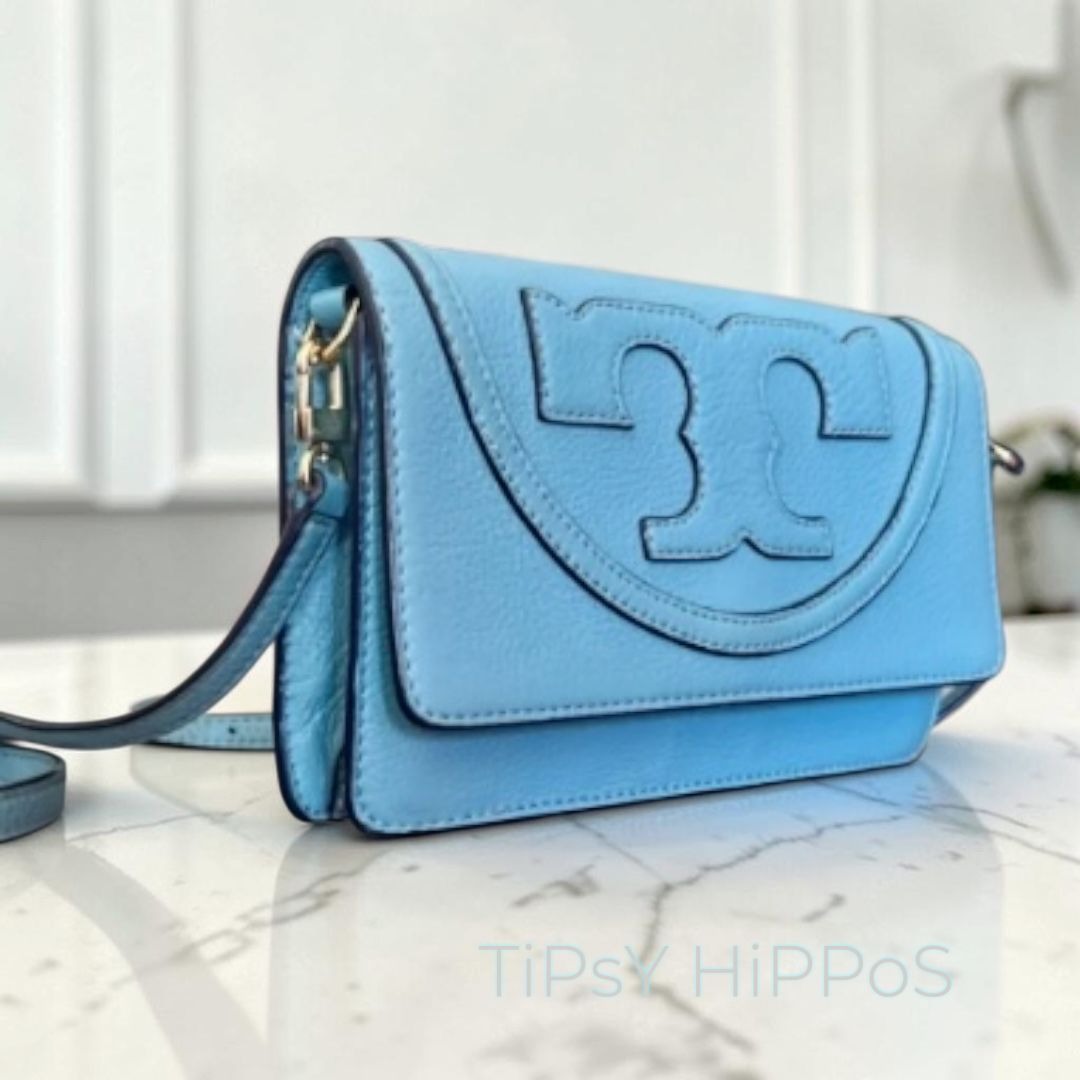Tory Burch Blue Leather Serif Crossbody Bag With Gold Hardware & Logo Design
