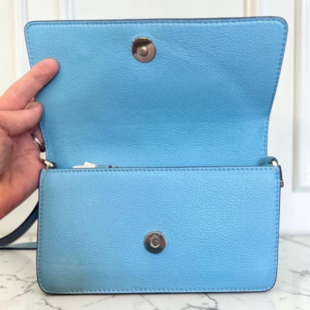 Tory Burch Blue Leather Serif Crossbody Bag With Gold Hardware & Logo Design