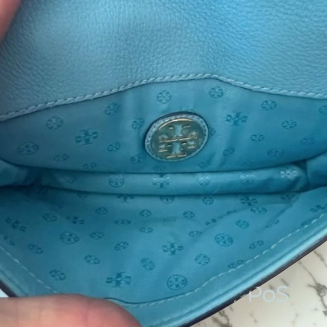 Tory Burch Blue Leather Serif Crossbody Bag With Gold Hardware & Logo Design
