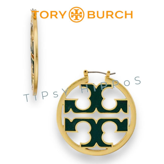 Authentic Tory Burch Miller Hoops in Hunter Green and Gold