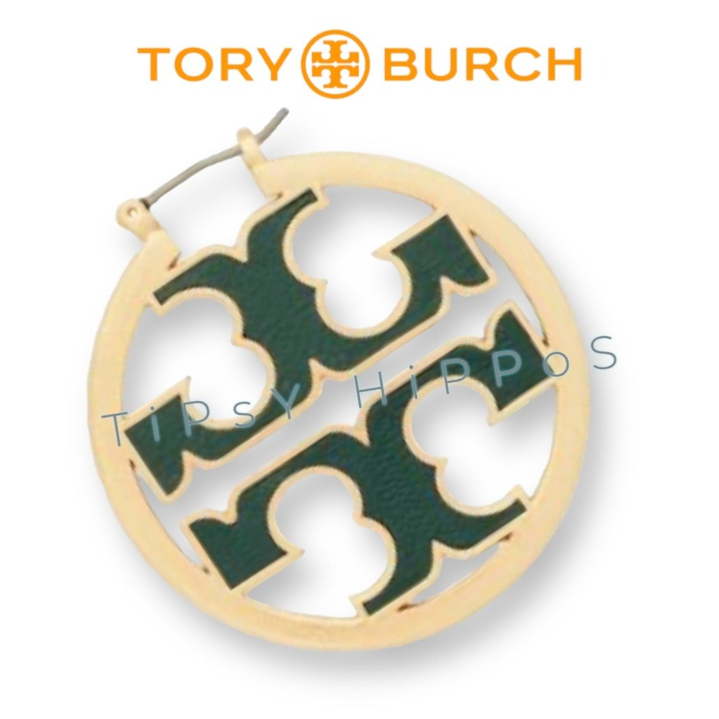 Authentic Tory Burch Miller Hoops in Hunter Green and Gold