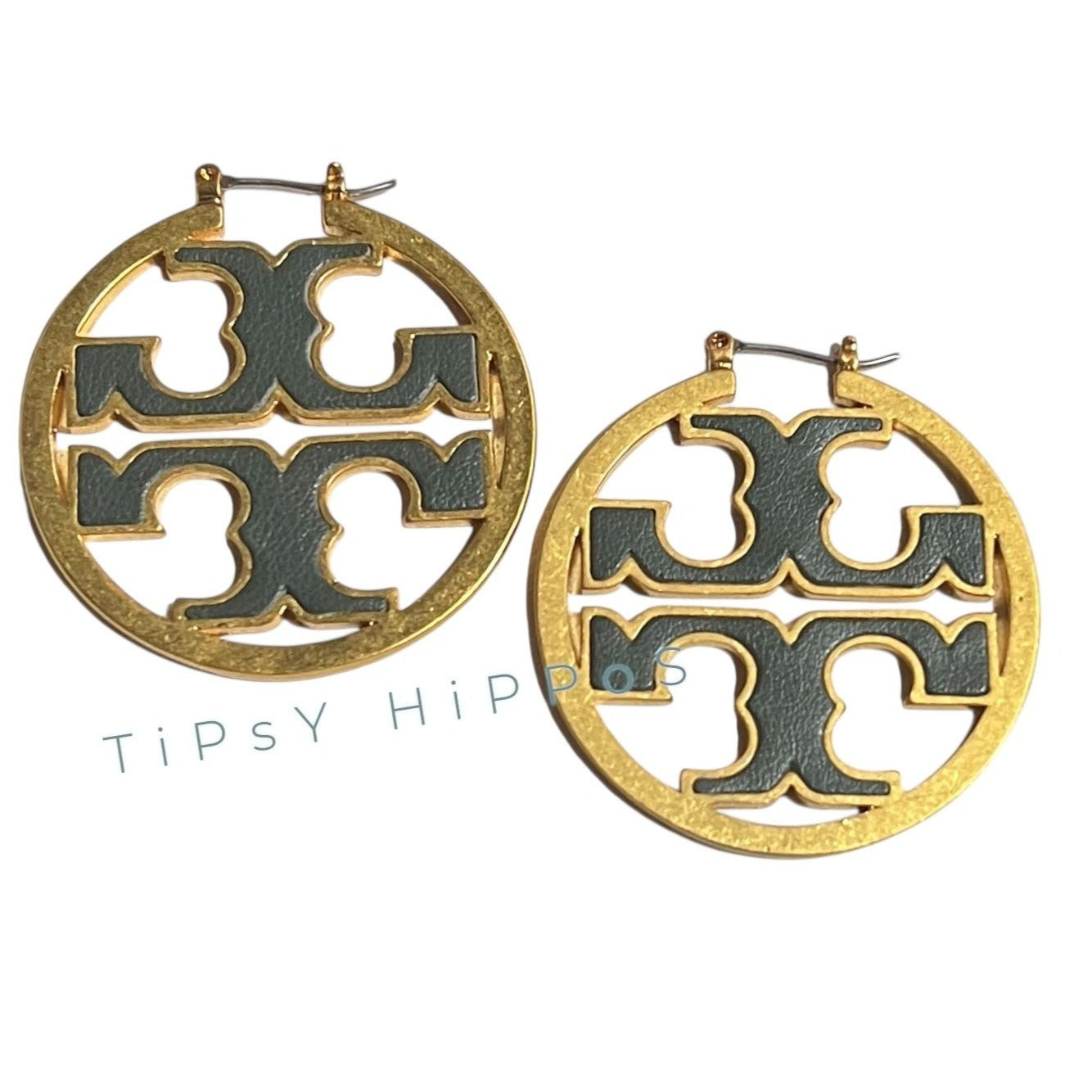 Authentic Tory Burch Miller Hoops in Hunter Green and Gold