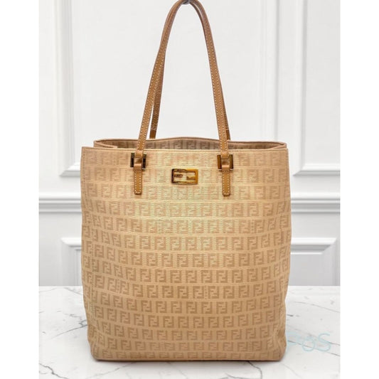 Fendi Zucca Beige Canvas Tote Bag With Leather Trim & Gold Hardware Made In Italy