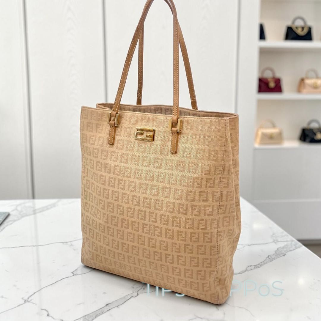 Fendi Zucca Beige Canvas Tote Bag With Leather Trim & Gold Hardware Made In Italy