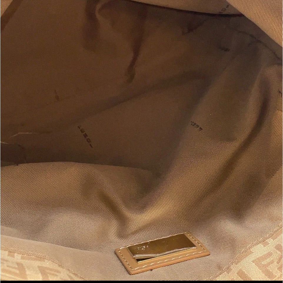 Fendi Zucca Beige Canvas Tote Bag With Leather Trim & Gold Hardware Made In Italy