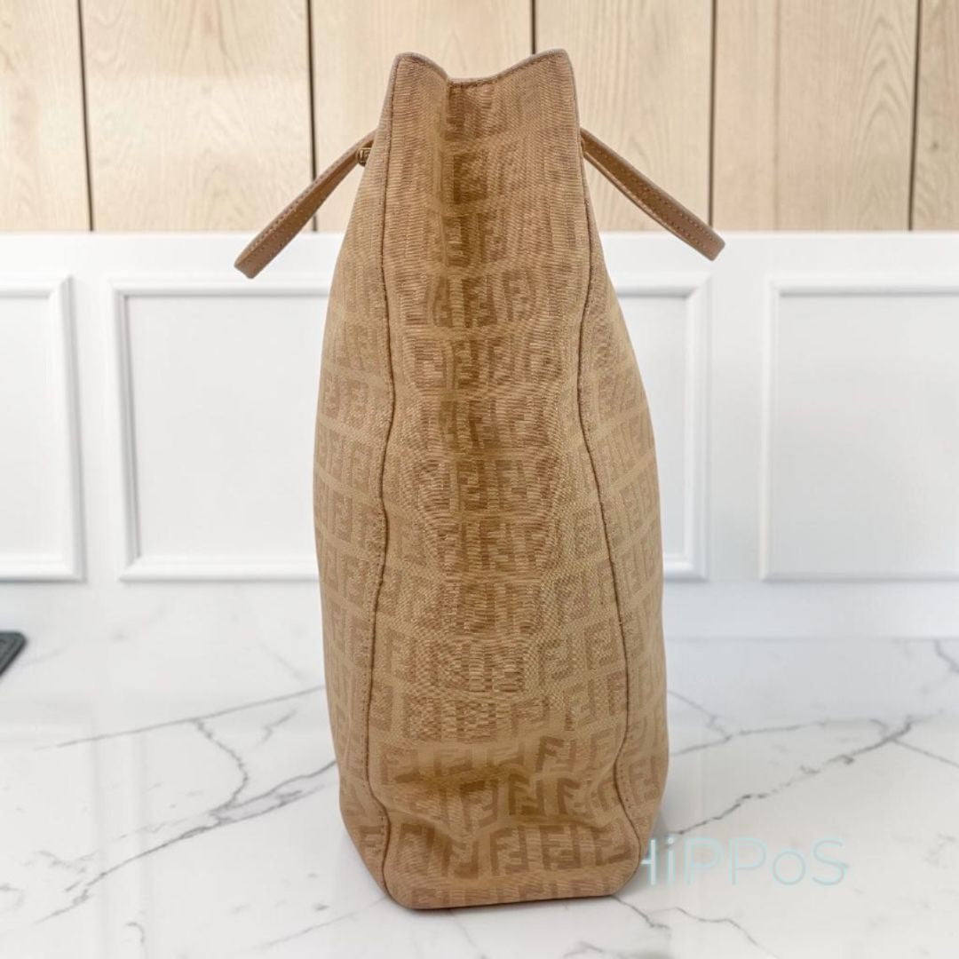 Fendi Zucca Beige Canvas Tote Bag With Leather Trim & Gold Hardware Made In Italy