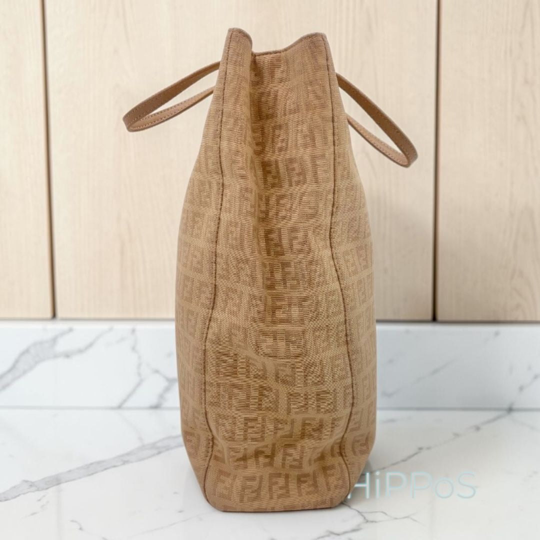 Fendi Zucca Beige Canvas Tote Bag With Leather Trim & Gold Hardware Made In Italy