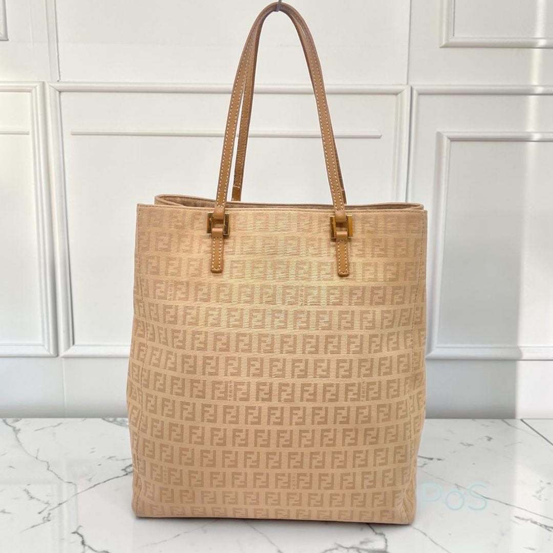 Fendi Zucca Beige Canvas Tote Bag With Leather Trim & Gold Hardware Made In Italy