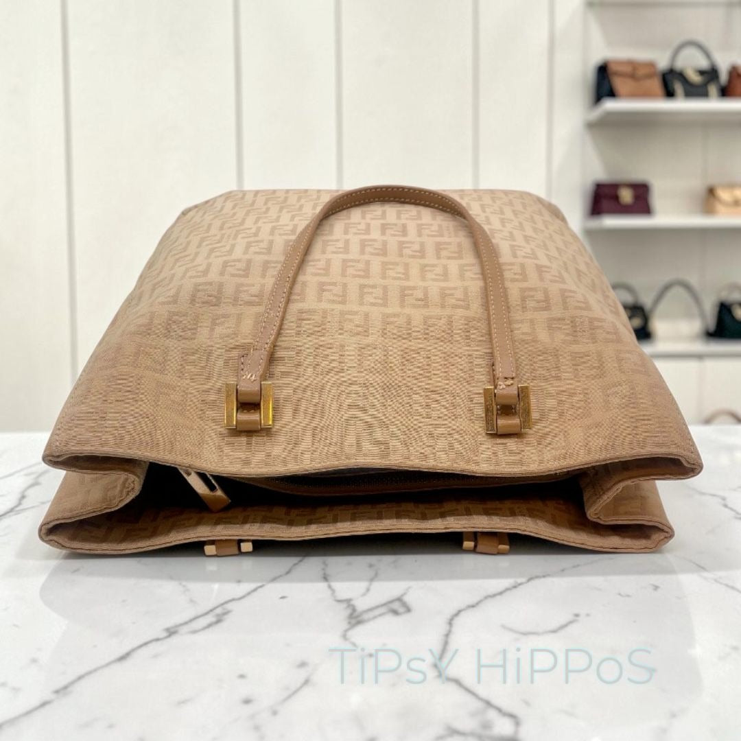 Fendi Zucca Beige Canvas Tote Bag With Leather Trim & Gold Hardware Made In Italy