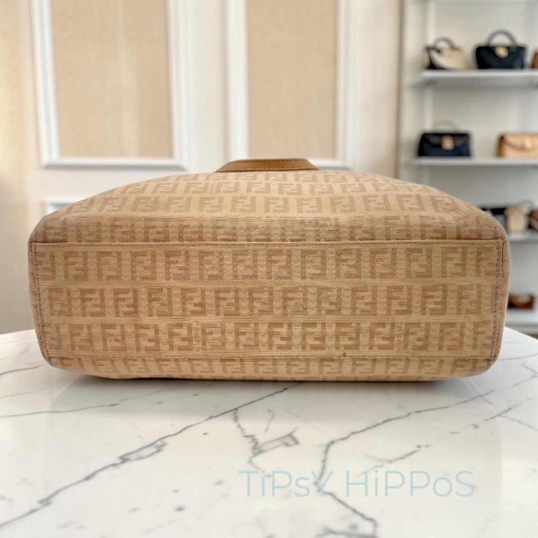Fendi Zucca Beige Canvas Tote Bag With Leather Trim & Gold Hardware Made In Italy