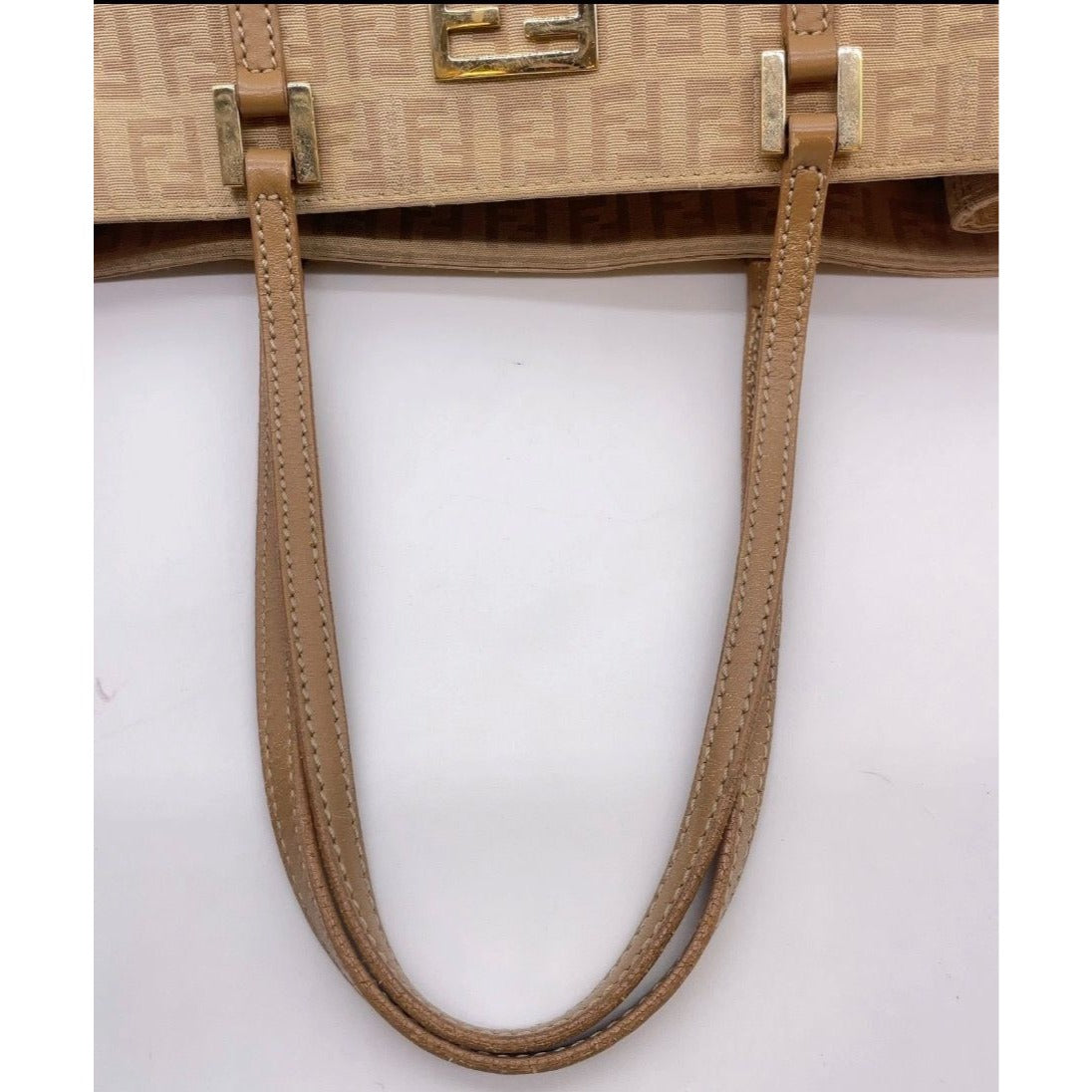 Fendi Zucca Beige Canvas Tote Bag With Leather Trim & Gold Hardware Made In Italy