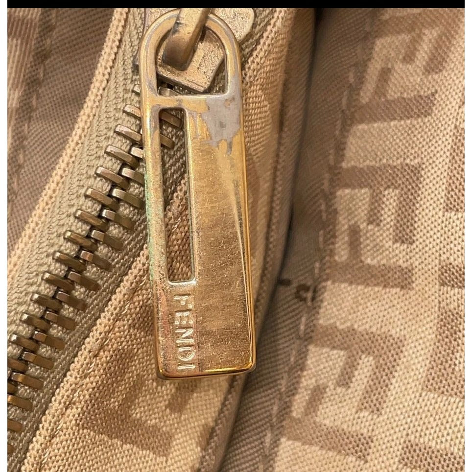 Fendi Zucca Beige Canvas Tote Bag With Leather Trim & Gold Hardware Made In Italy