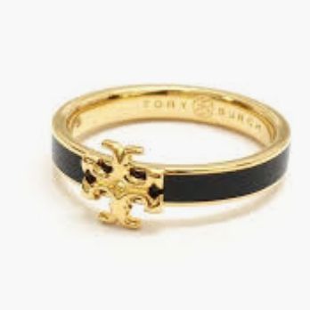 Tory Burch Black and Gold Kira Logo Ring - Size 8