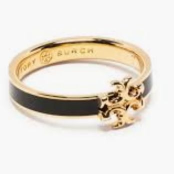 Tory Burch Black and Gold Kira Logo Ring - Size 8