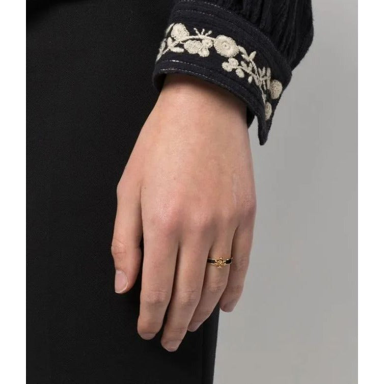 Tory Burch Black and Gold Kira Logo Ring - Size 8