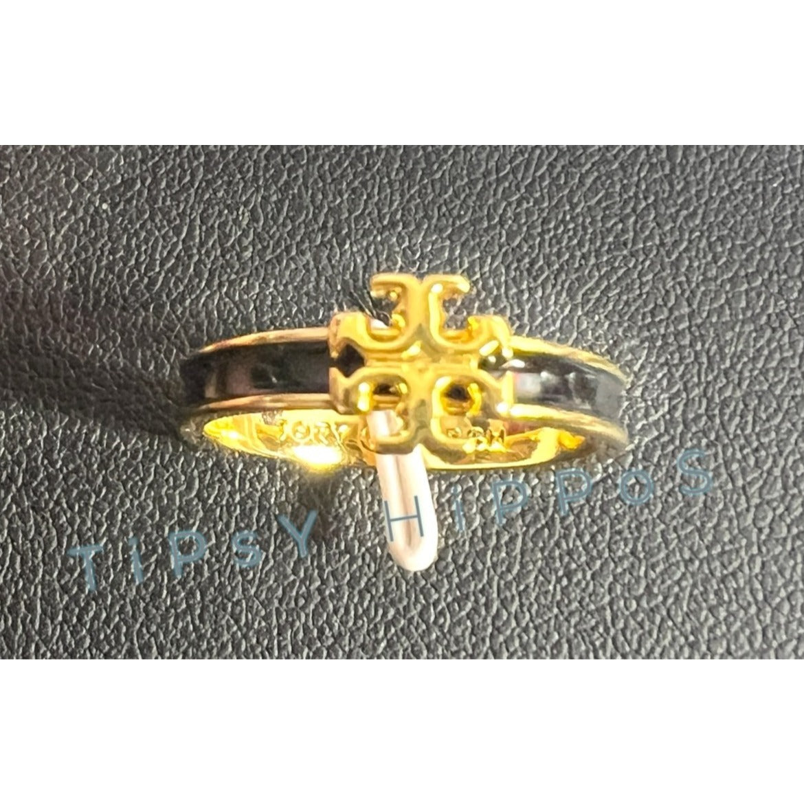 Tory Burch Black and Gold Kira Logo Ring - Size 8