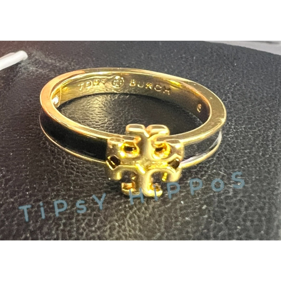 Tory Burch Black and Gold Kira Logo Ring - Size 8