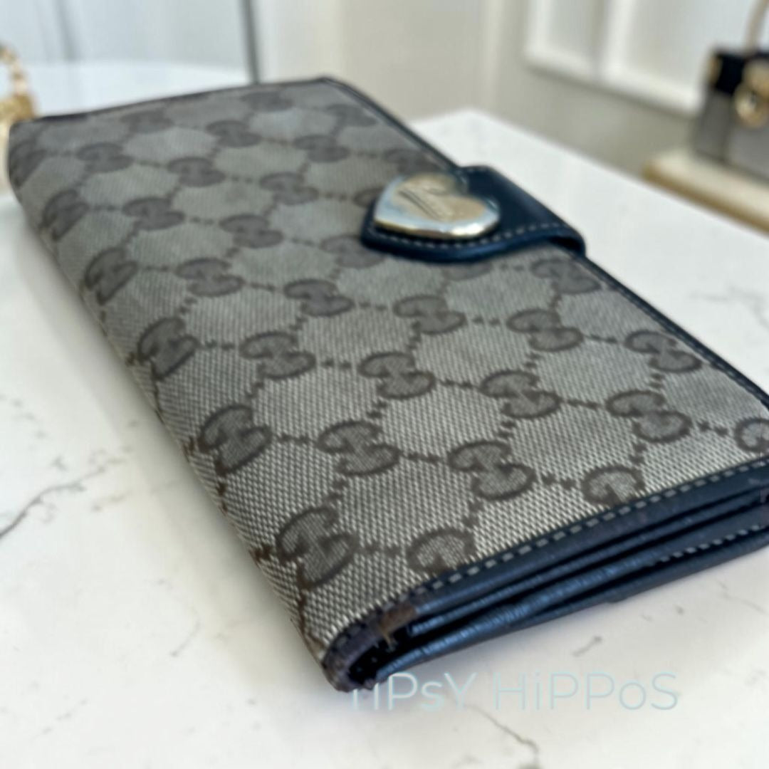 Gucci Brown GG Canvas & Leather Heart Clasp Wallet For Women