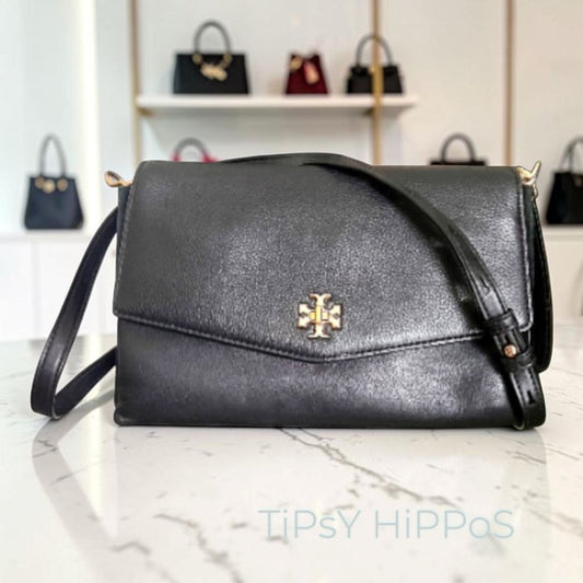 Tory Burch Black & Suede Kira Handbag With Gold  Accents & Adjustable Strap