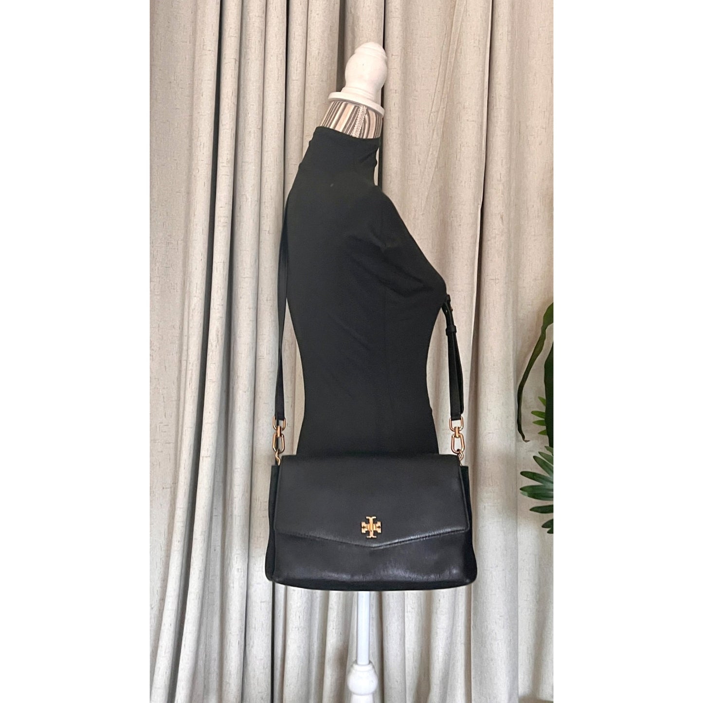 Tory Burch Black & Suede Kira Handbag With Gold  Accents & Adjustable Strap