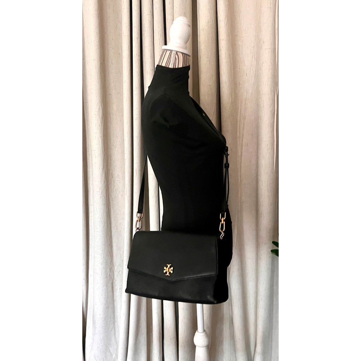 Tory Burch Black & Suede Kira Handbag With Gold  Accents & Adjustable Strap