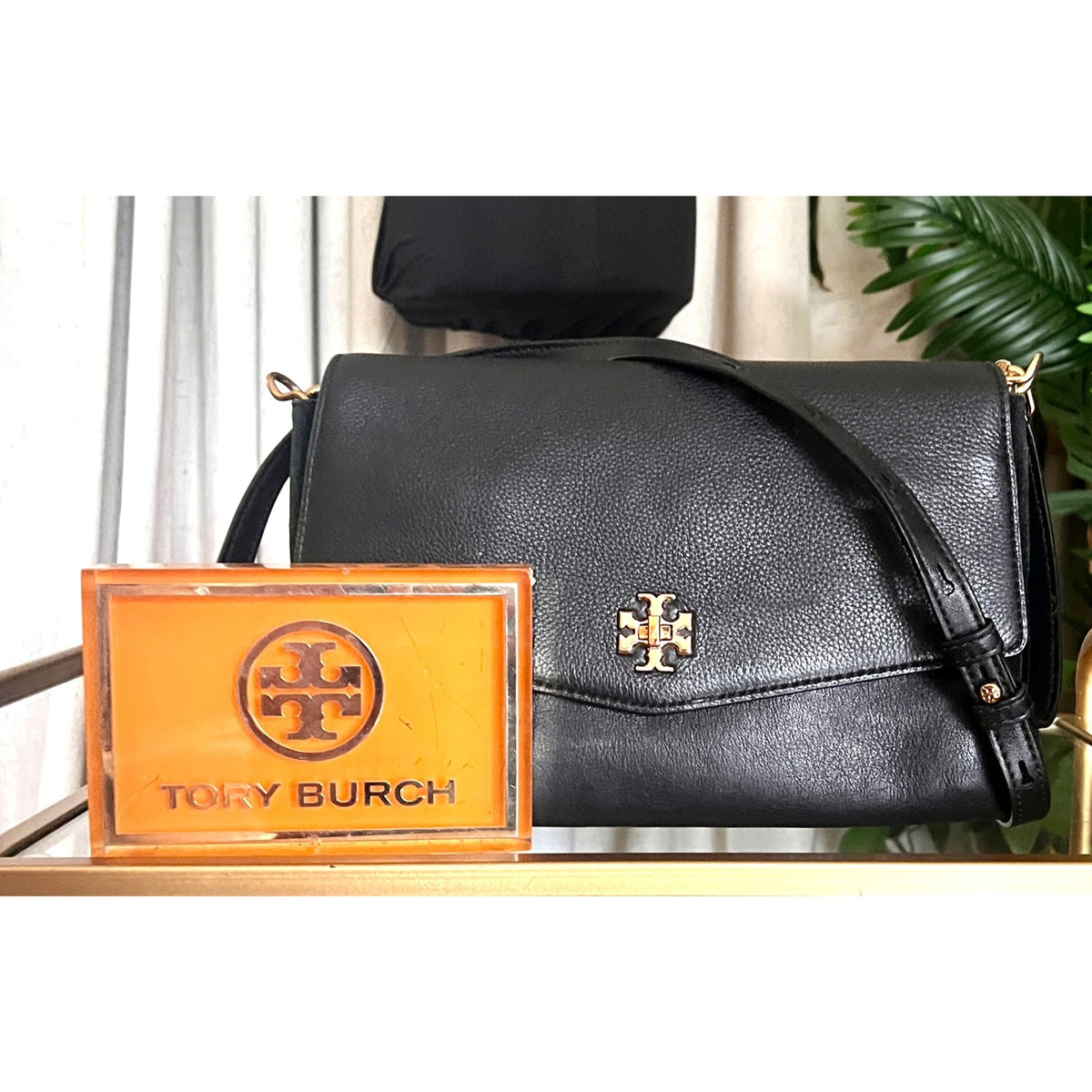 Tory Burch Black & Suede Kira Handbag With Gold  Accents & Adjustable Strap
