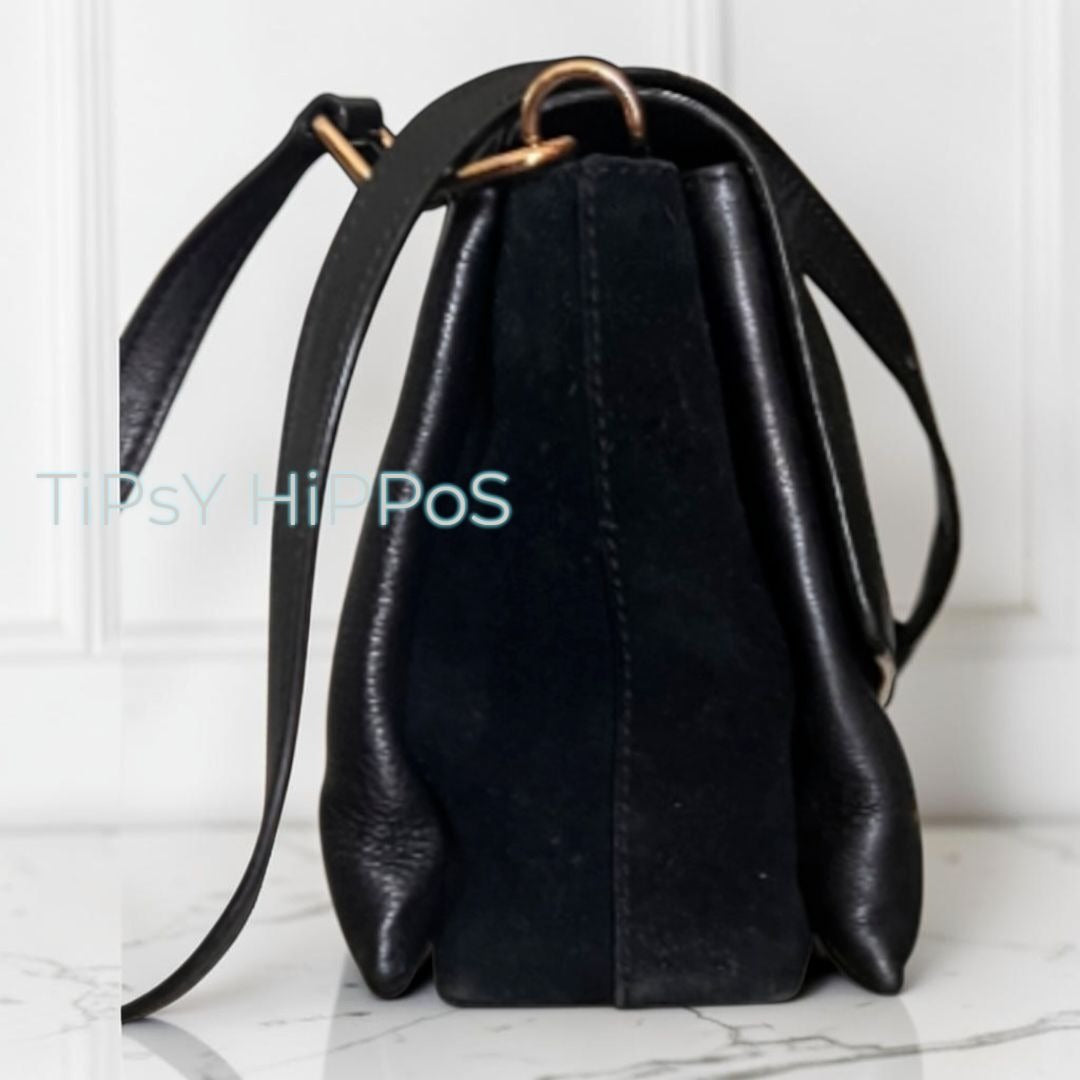 Tory Burch Black & Suede Kira Handbag With Gold  Accents & Adjustable Strap