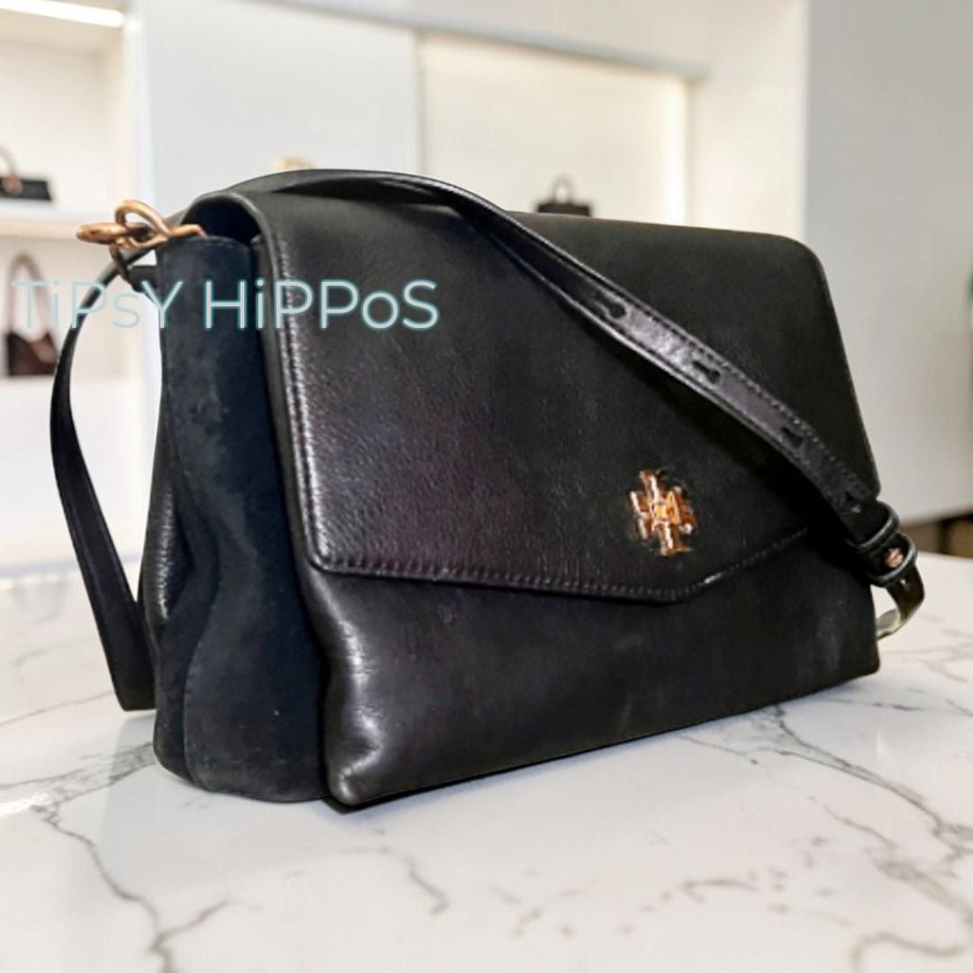 Tory Burch Black & Suede Kira Handbag With Gold  Accents & Adjustable Strap