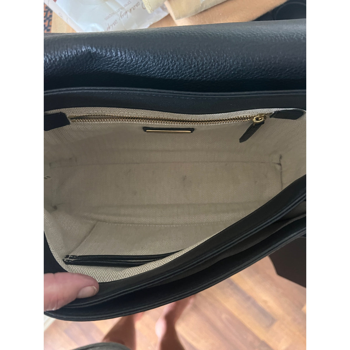 Tory Burch Black & Suede Kira Handbag With Gold  Accents & Adjustable Strap