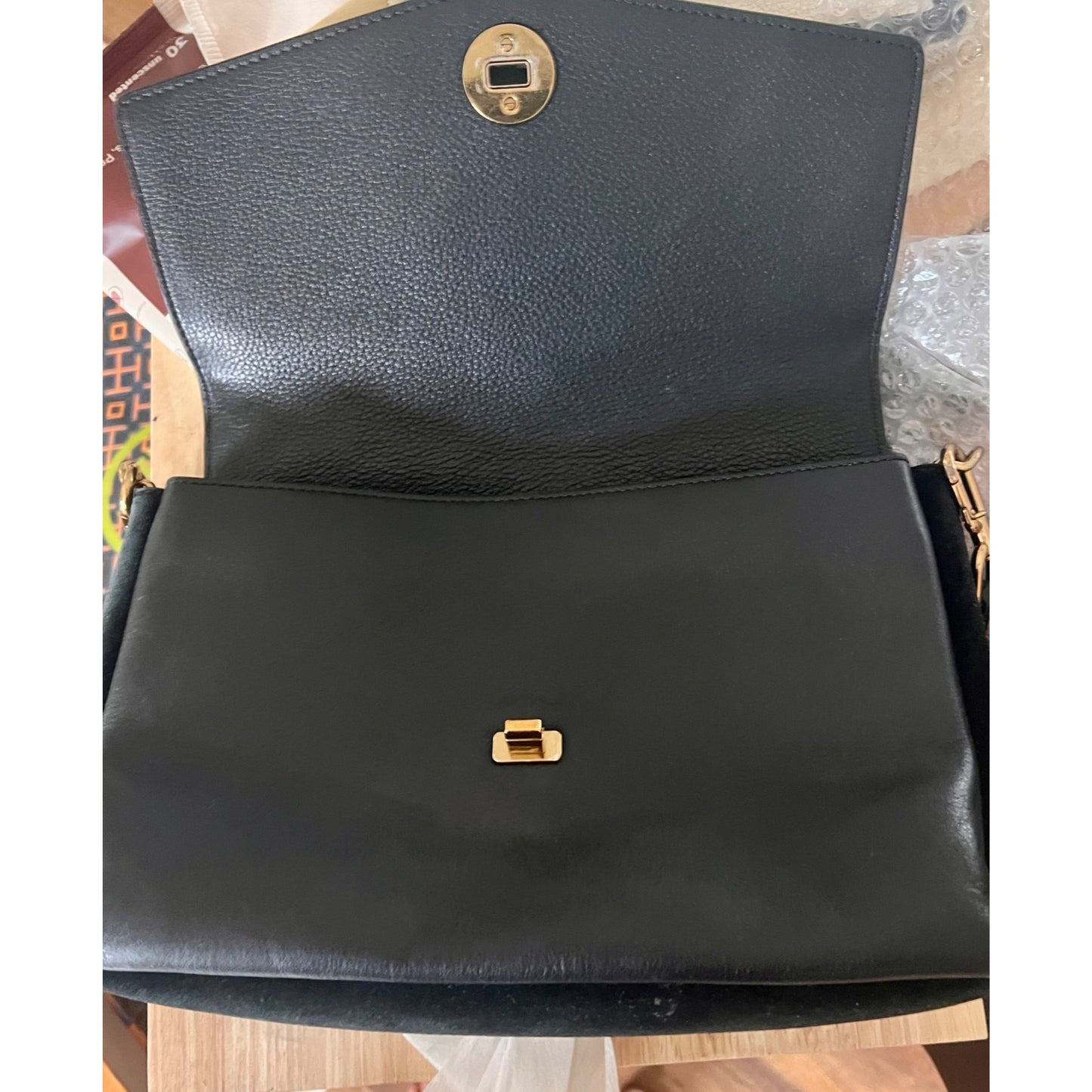 Tory Burch Black & Suede Kira Handbag With Gold  Accents & Adjustable Strap