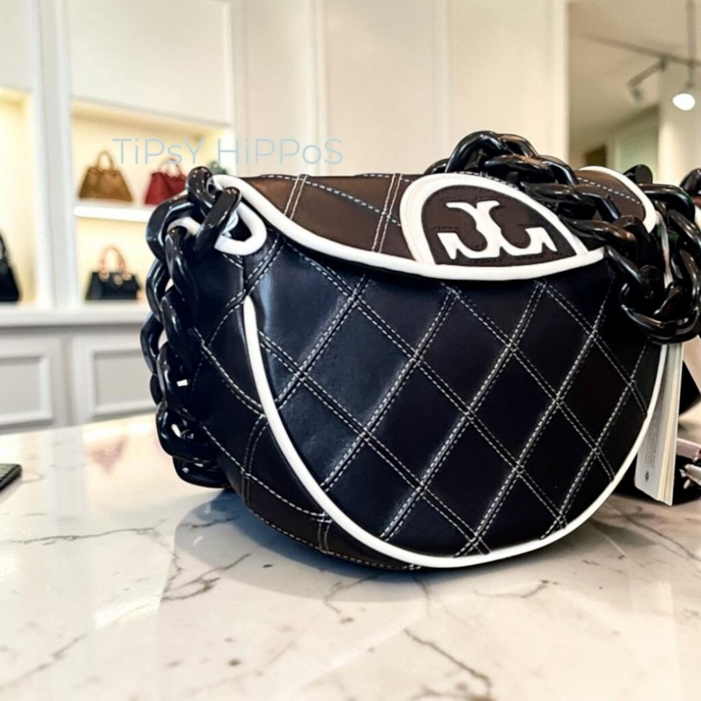 NEW!  Authentic Tory Burch Black and White 1/2 Moon Fleming Handbag