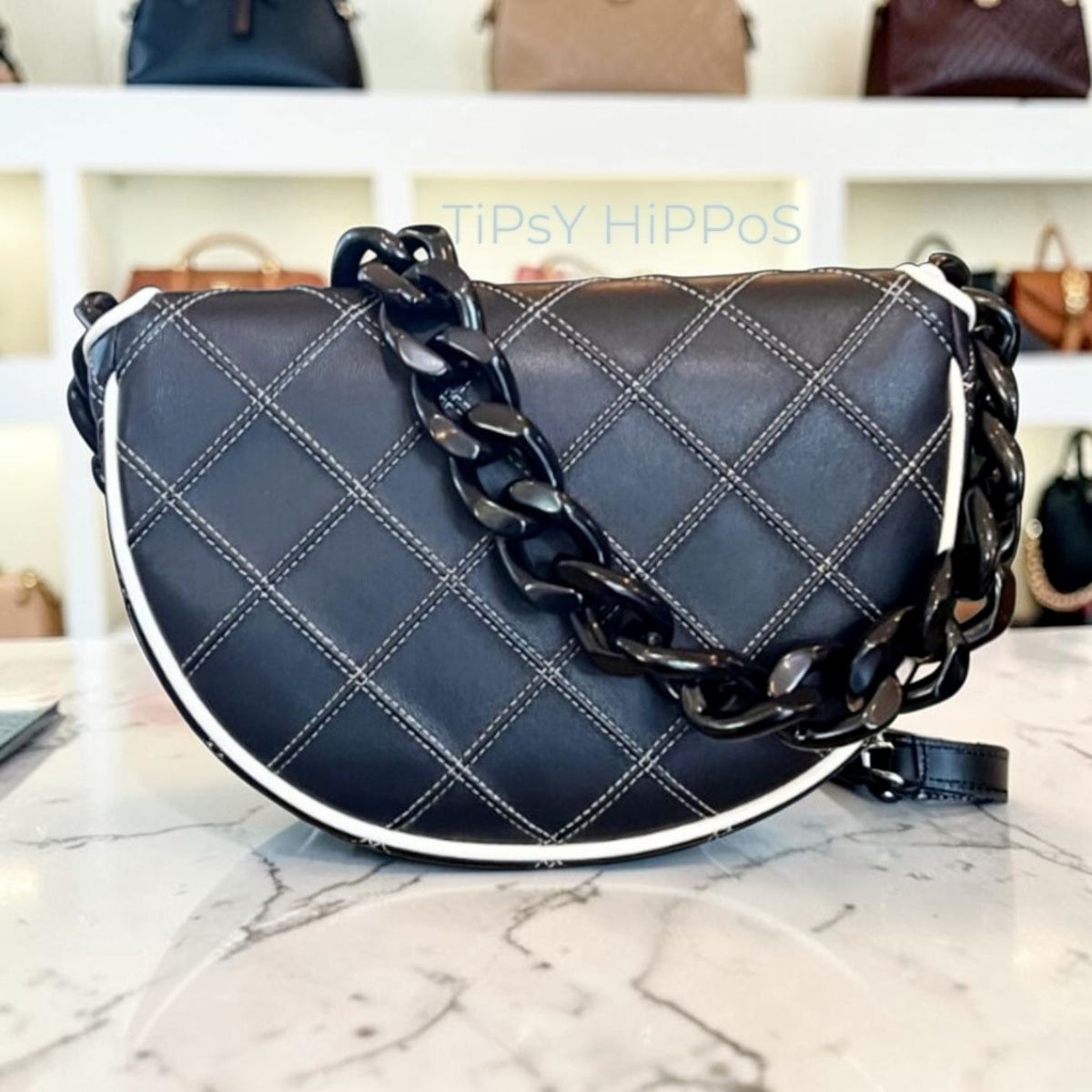 NEW!  Authentic Tory Burch Black and White 1/2 Moon Fleming Handbag