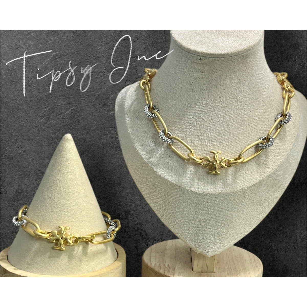 TORY BURCH ROXANNE CHAIN PAVÉ SHORT NECKLACE & BRACELET SET