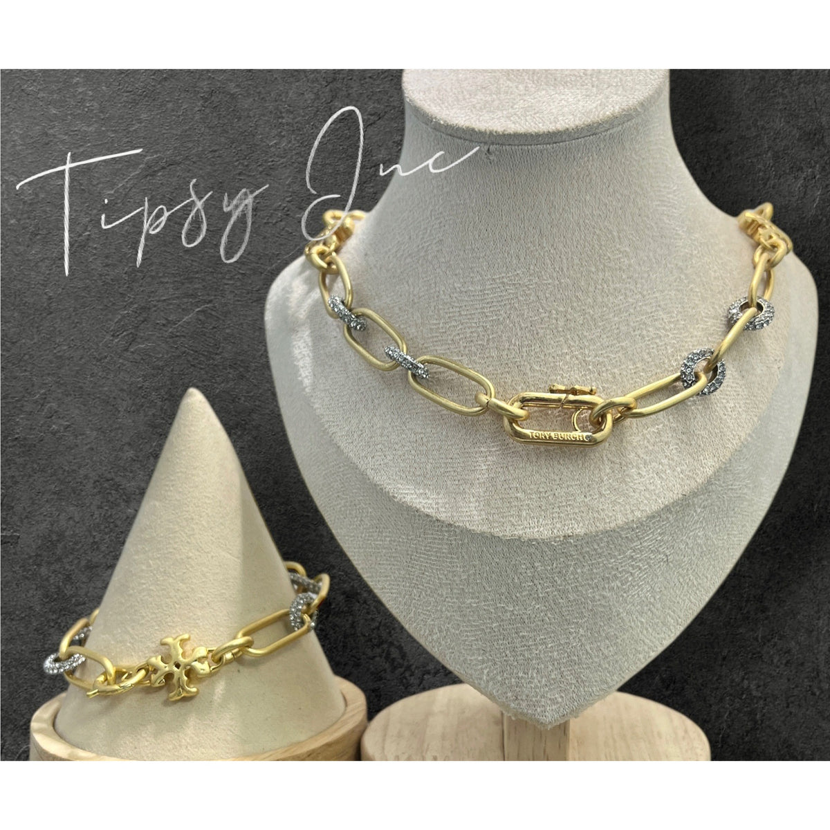 TORY BURCH ROXANNE CHAIN PAVÉ SHORT NECKLACE & BRACELET SET