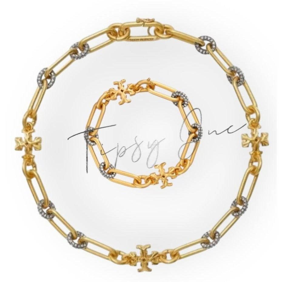 TORY BURCH ROXANNE CHAIN PAVÉ SHORT NECKLACE & BRACELET SET