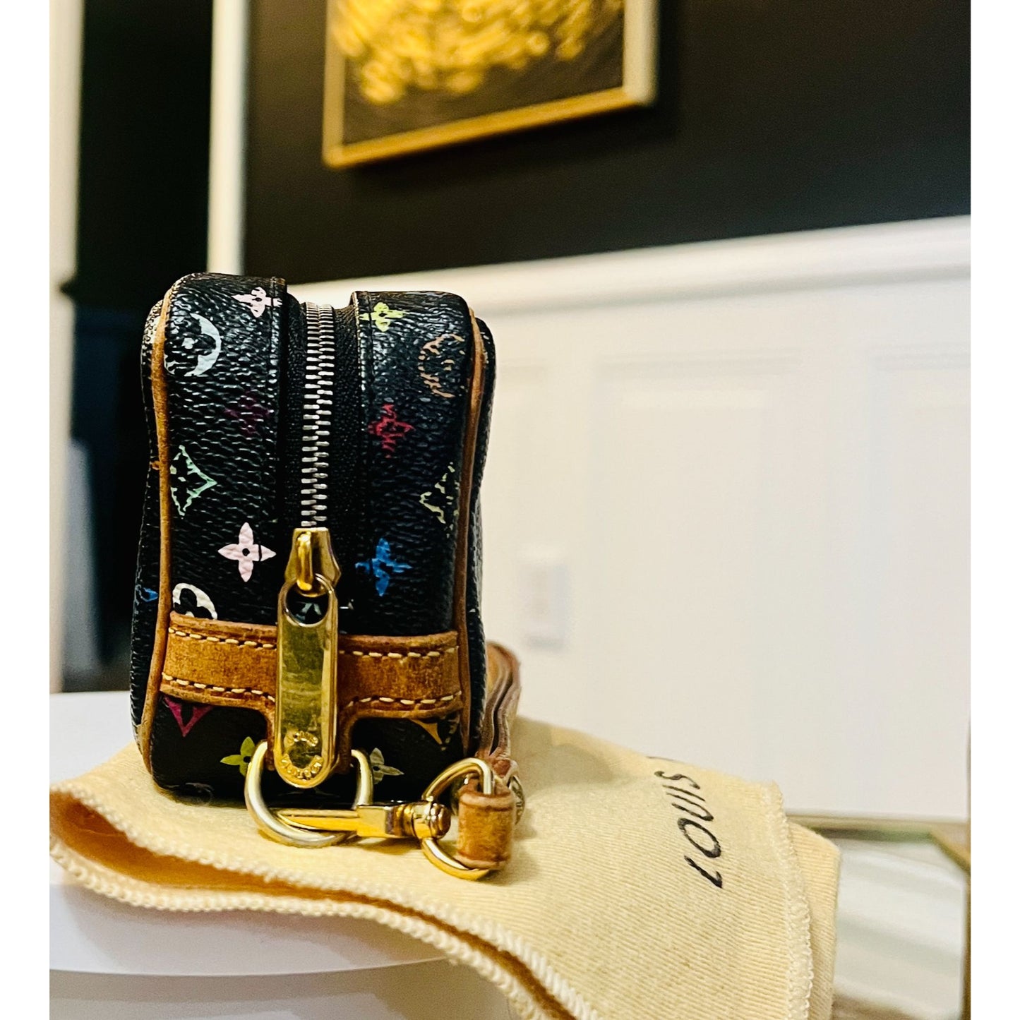 AUTHENTICATED! Louis Vuitton Takashi Murakami Black Multicolor Wapity Case Pouch