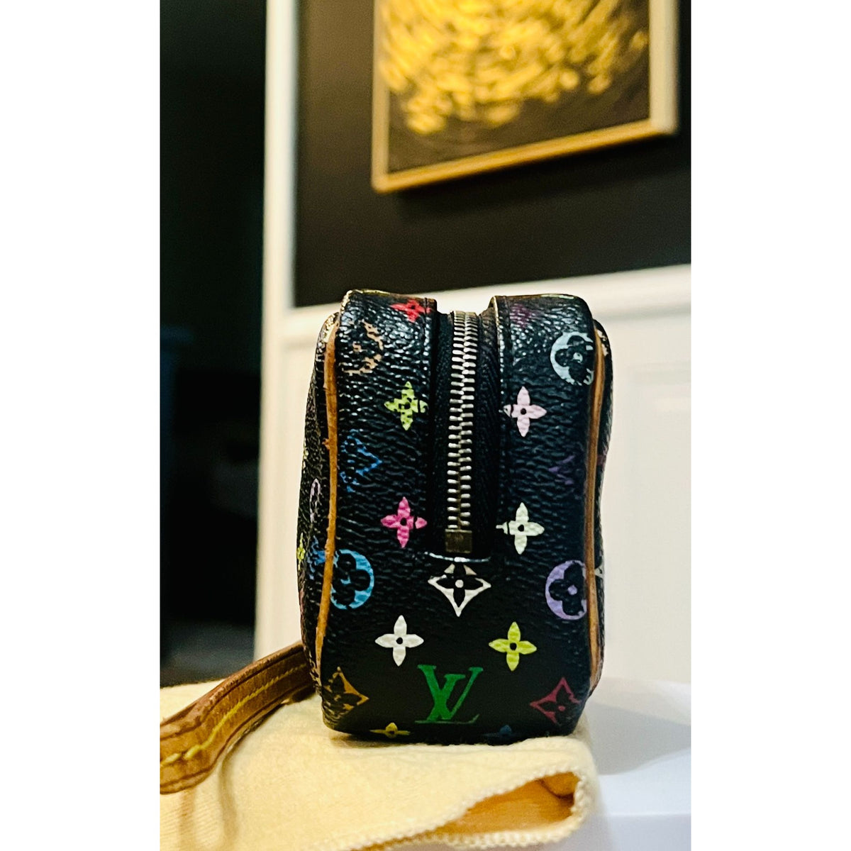 AUTHENTICATED! Louis Vuitton Takashi Murakami Black Multicolor Wapity Case Pouch