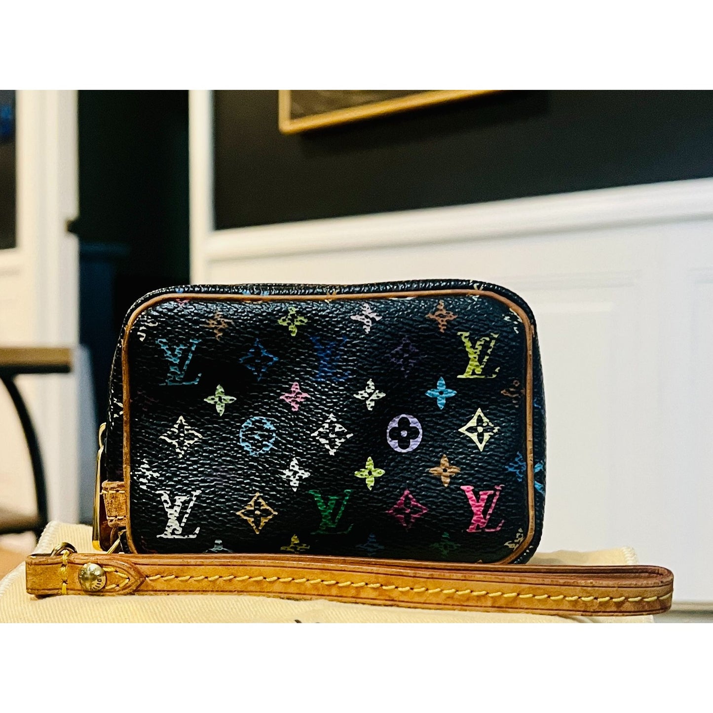 AUTHENTICATED! Louis Vuitton Takashi Murakami Black Multicolor Wapity Case Pouch