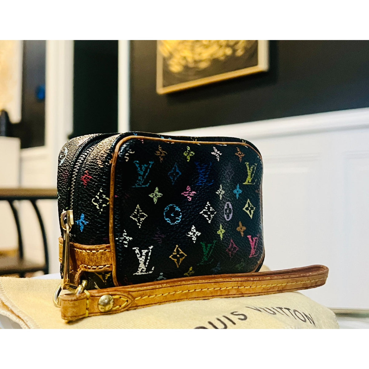 AUTHENTICATED! Louis Vuitton Takashi Murakami Black Multicolor Wapity Case Pouch
