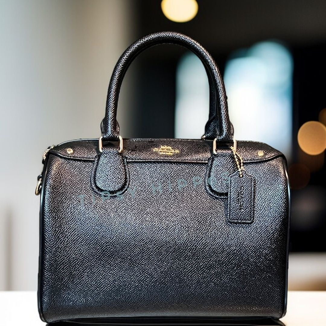 Coach Black Leather Satchel With Gold-Tone Hardware & Top Handles