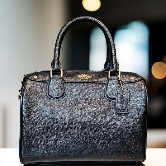 Coach Black Leather Satchel With Gold-Tone Hardware & Top Handles