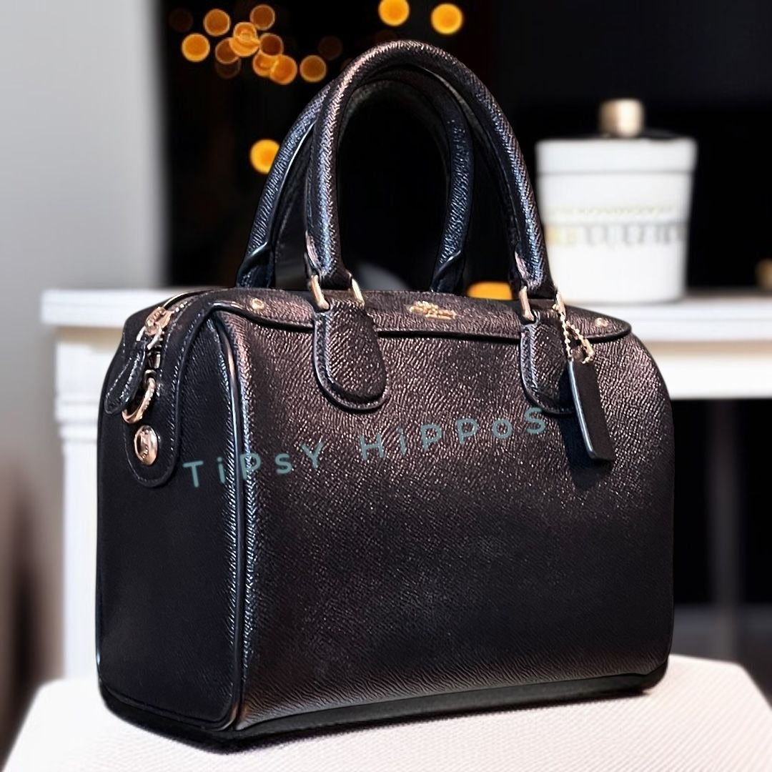 Coach Black Leather Satchel With Gold-Tone Hardware & Top Handles