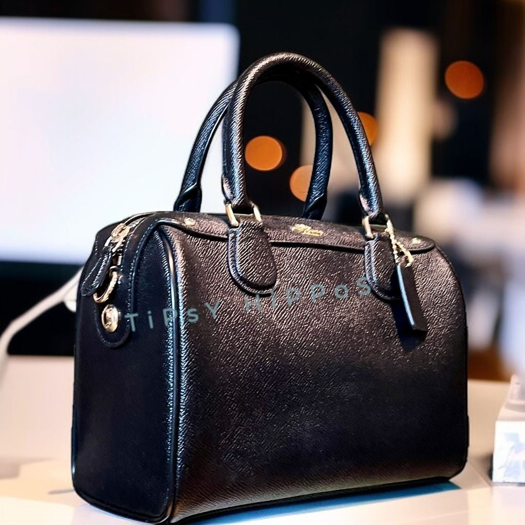 Coach Black Leather Satchel With Gold-Tone Hardware & Top Handles