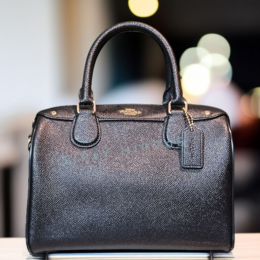 Coach Black Leather Satchel With Gold-Tone Hardware & Top Handles