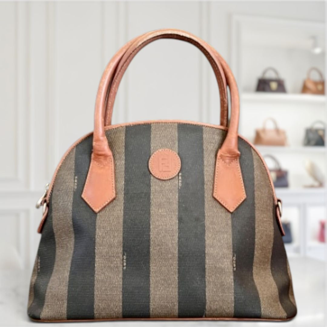 Vintage Fendi Zucca Striped Canvas & Leather Handbag