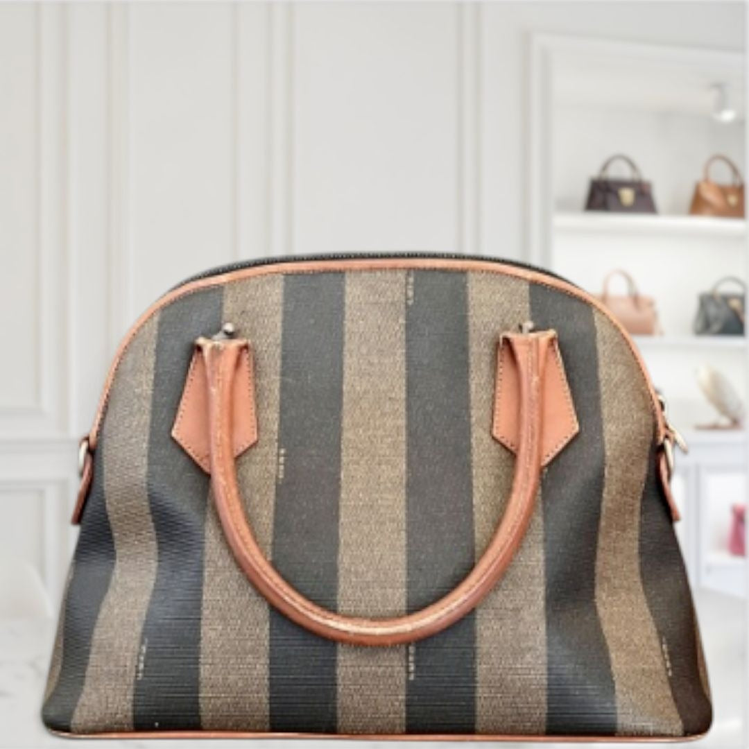 Vintage Fendi Zucca Striped Canvas & Leather Handbag